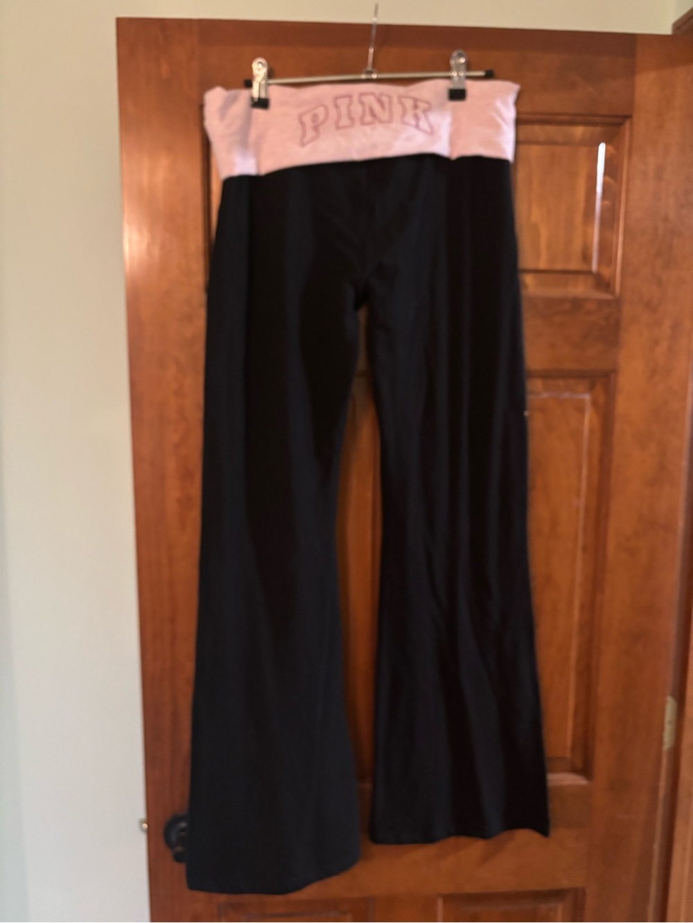 PINK Victoria's Secret Black Flare Leg Lounge Pants with Pink Fold-Over Waist